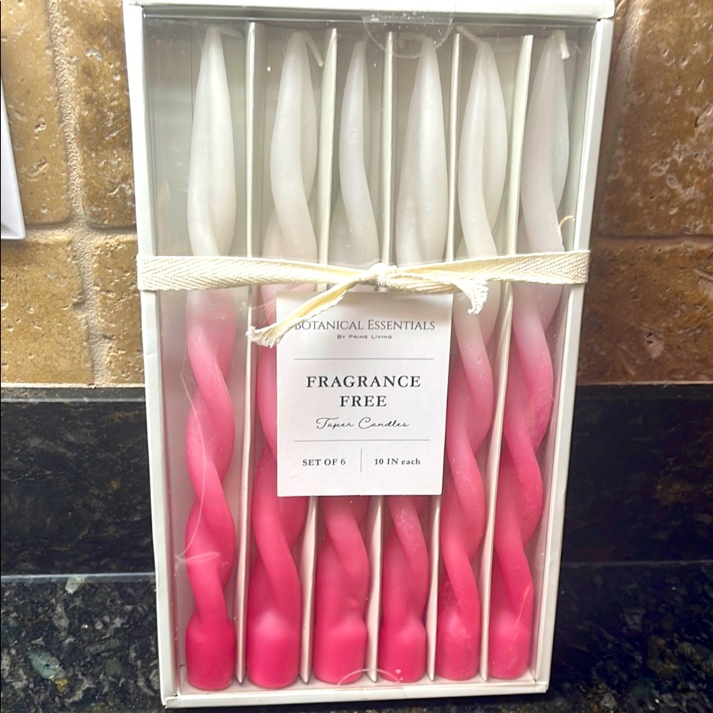 🔥NEW PINK & WHITE TAPERED CANDLE SET OF 6, FRAGRANCE FREE, WHIRL DESIGN NIB